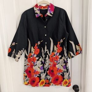 Soft Surroundings Women Tunic Top SMALL Asian Inspired Artsy Floral Beads Sequin